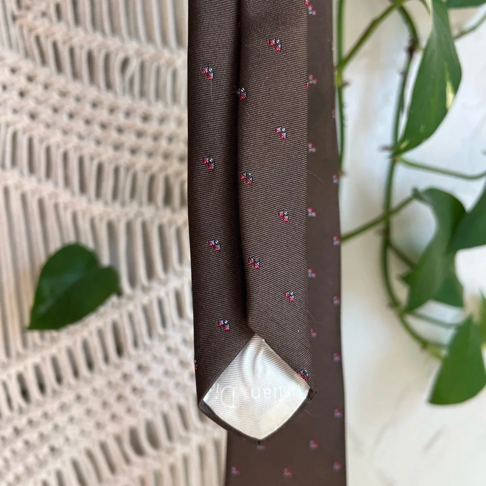Christian Dior Vintage Silk Blend Tie Brown Print Classic Width Designer Necktie